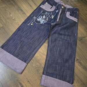 Oilily Girls Jeans Size 128 7/8 NWT Purple Trim Charm Embroidery Dark Wash‎